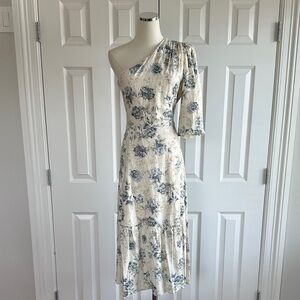 NWT BCBGMaxAzria Blue Floral One-Shoulder Puff Sleeve Wedding Guest Dress Size M